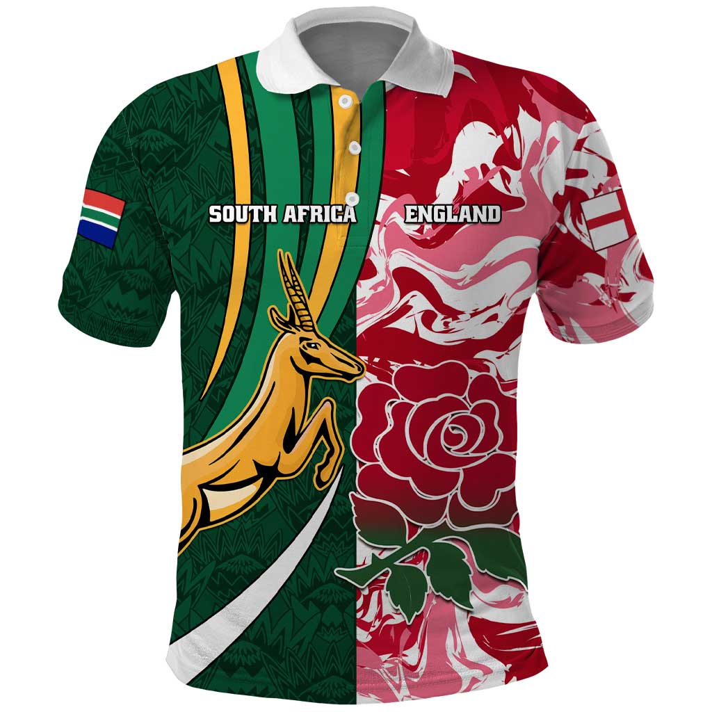 Custom South Africa and England Rugby Polo Shirt - The Red Rose with Protea Pattern