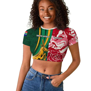 Custom South Africa and England Rugby Raglan Cropped T shirt - The Red Rose with Protea Pattern