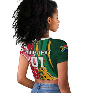 Custom South Africa and England Rugby Raglan Cropped T shirt - The Red Rose with Protea Pattern