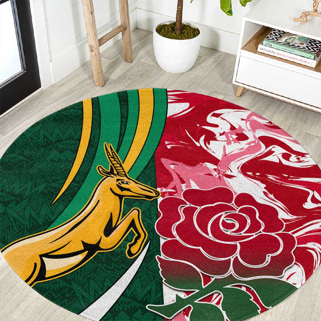 South Africa and England Rugby Round Carpet - The Red Rose with Protea Pattern