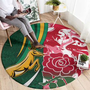 South Africa and England Rugby Round Carpet - The Red Rose with Protea Pattern