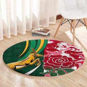 South Africa and England Rugby Round Carpet - The Red Rose with Protea Pattern