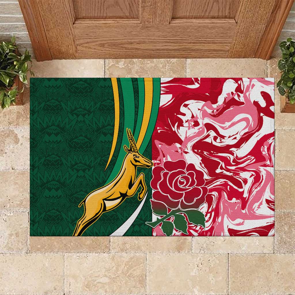 South Africa and England Rugby Rubber Doormat - The Red Rose with Protea Pattern