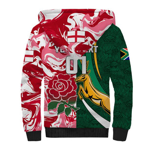 Custom South Africa and England Rugby Sherpa Hoodie - The Red Rose with Protea Pattern