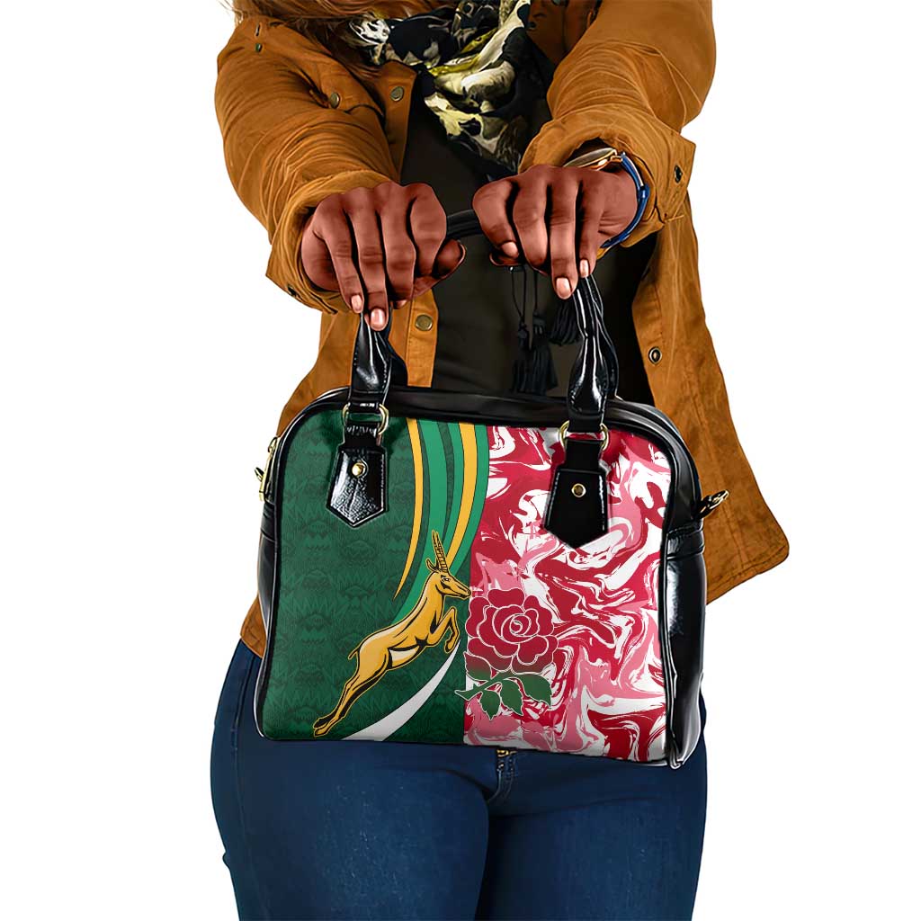 South Africa and England Rugby Shoulder Handbag - The Red Rose with Protea Pattern