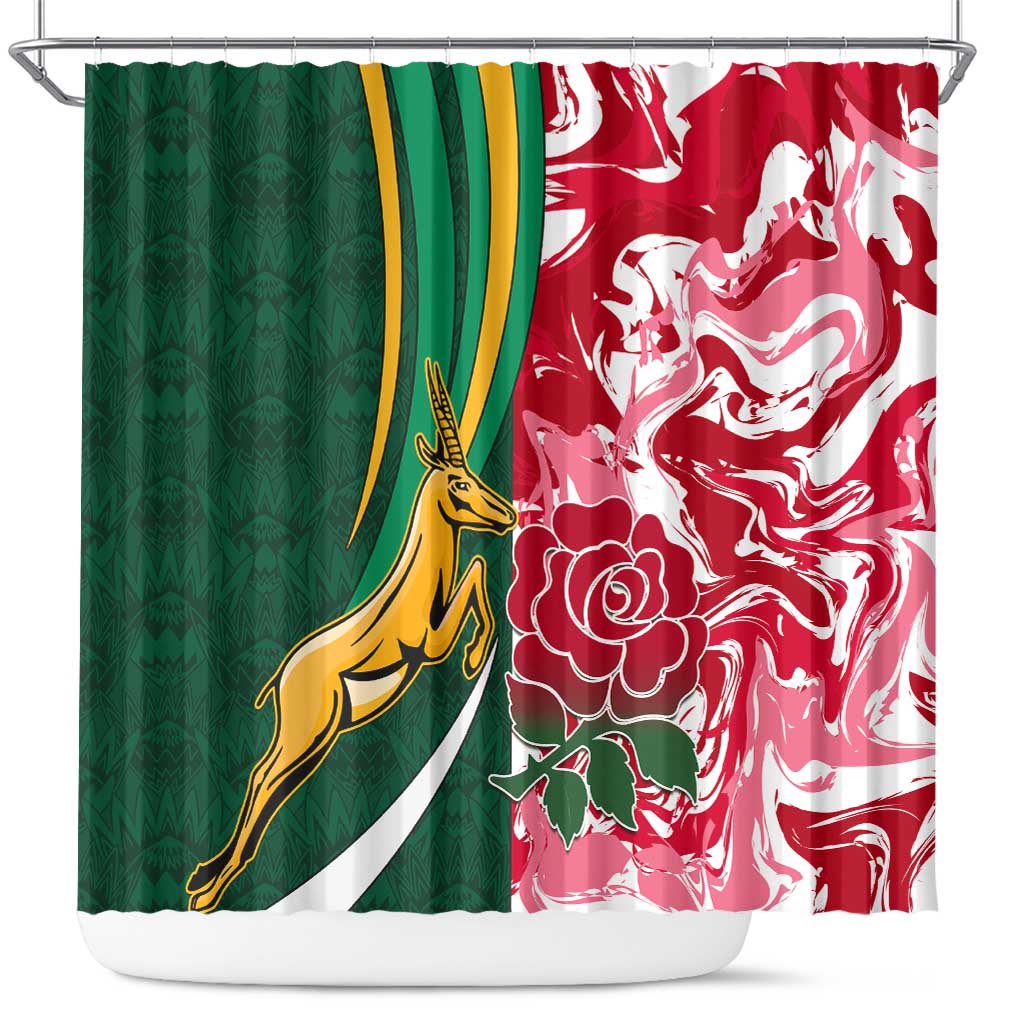 South Africa and England Rugby Shower Curtain - The Red Rose with Protea Pattern