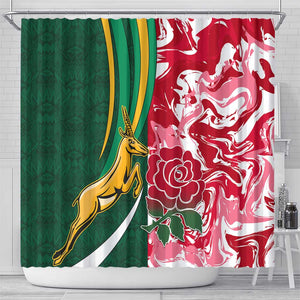 South Africa and England Rugby Shower Curtain - The Red Rose with Protea Pattern