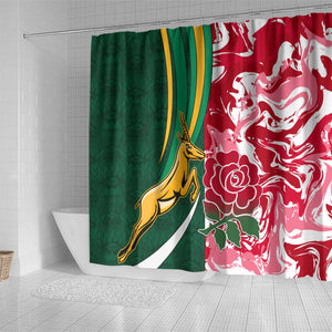 South Africa and England Rugby Shower Curtain - The Red Rose with Protea Pattern