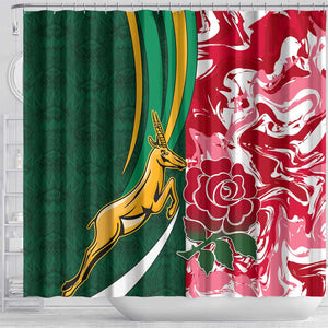 South Africa and England Rugby Shower Curtain - The Red Rose with Protea Pattern