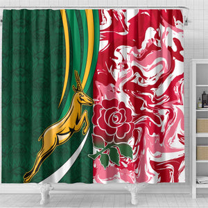 South Africa and England Rugby Shower Curtain - The Red Rose with Protea Pattern