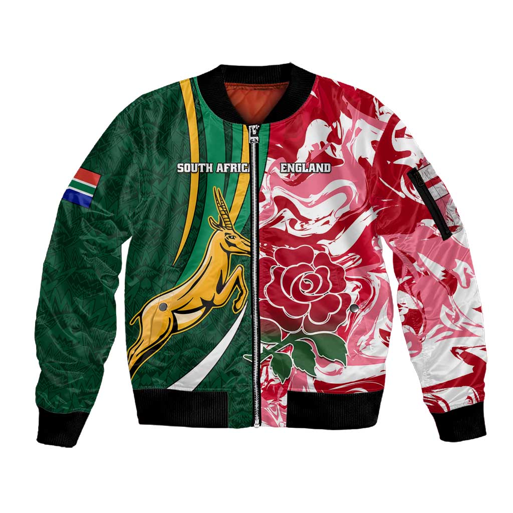 Custom South Africa and England Rugby Sleeve Zip Bomber Jacket - The Red Rose with Protea Pattern