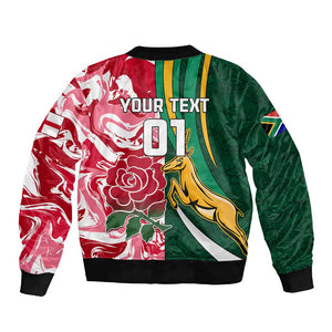 Custom South Africa and England Rugby Sleeve Zip Bomber Jacket - The Red Rose with Protea Pattern