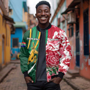 Custom South Africa and England Rugby Sleeve Zip Bomber Jacket - The Red Rose with Protea Pattern