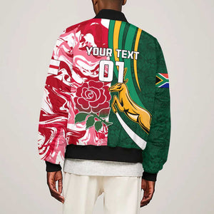 Custom South Africa and England Rugby Sleeve Zip Bomber Jacket - The Red Rose with Protea Pattern