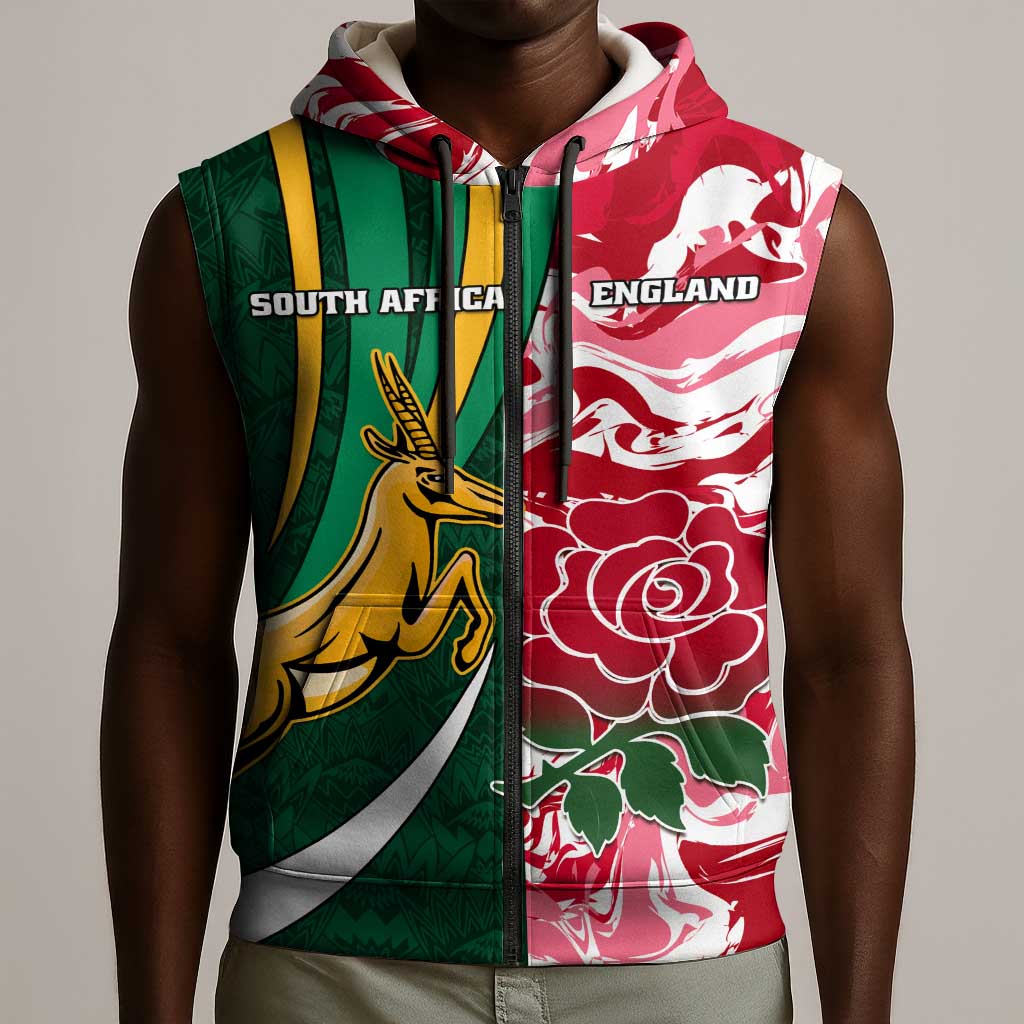 Custom South Africa and England Rugby Sleeveless Zip Hoodie - The Red Rose with Protea Pattern - African Pride