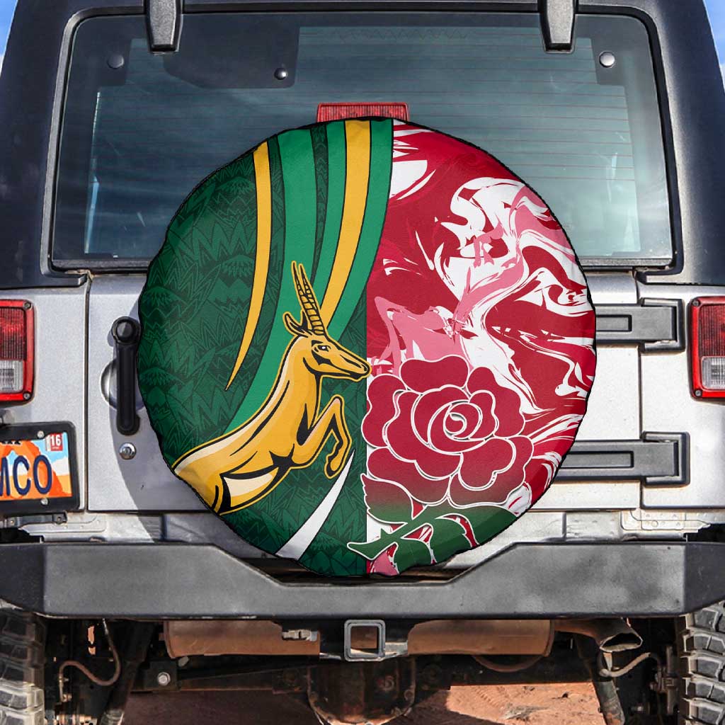 South Africa and England Rugby Spare Tire Cover - The Red Rose with Protea Pattern