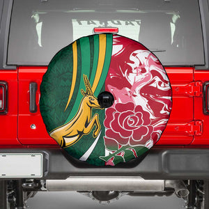 South Africa and England Rugby Spare Tire Cover - The Red Rose with Protea Pattern