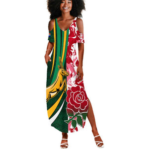 Custom South Africa and England Rugby Summer Maxi Dress - The Red Rose with Protea Pattern