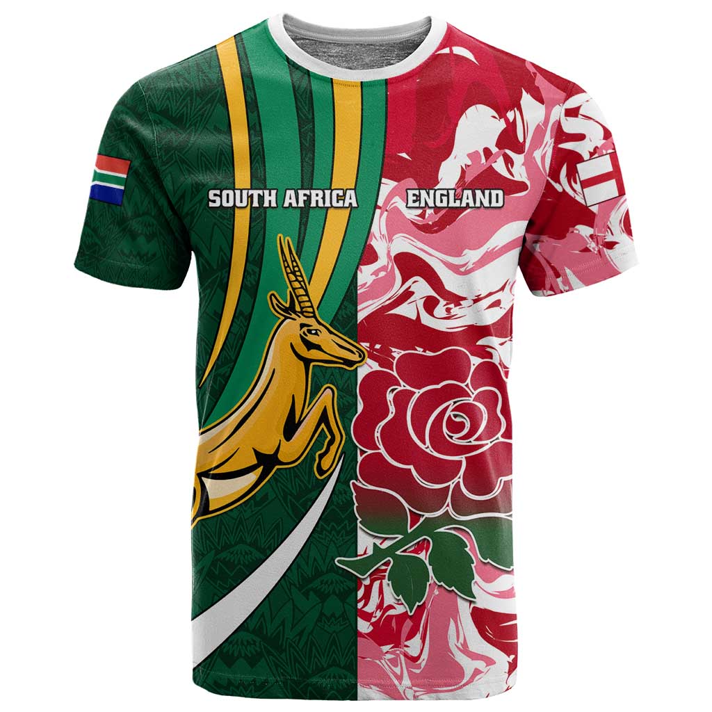 Custom South Africa and England Rugby T shirt - The Red Rose with Protea Pattern