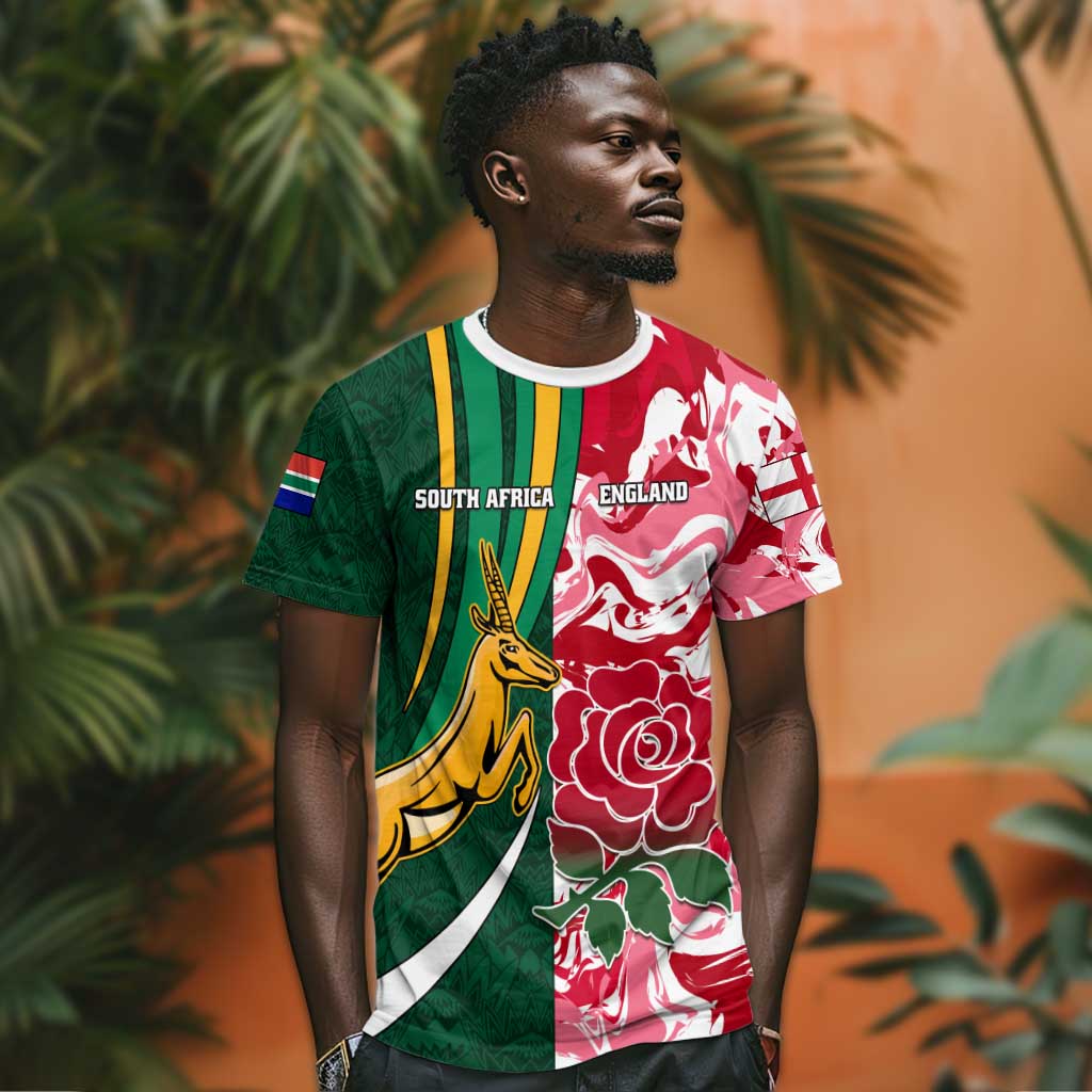 Custom South Africa and England Rugby T shirt - The Red Rose with Protea Pattern