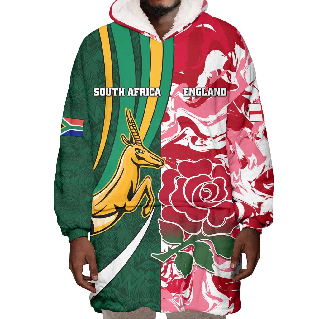 Custom South Africa and England Rugby Wearable Blanket Hoodie - The Red Rose with Protea Pattern