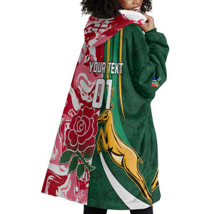 Custom South Africa and England Rugby Wearable Blanket Hoodie - The Red Rose with Protea Pattern