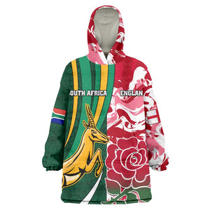 Custom South Africa and England Rugby Wearable Blanket Hoodie - The Red Rose with Protea Pattern