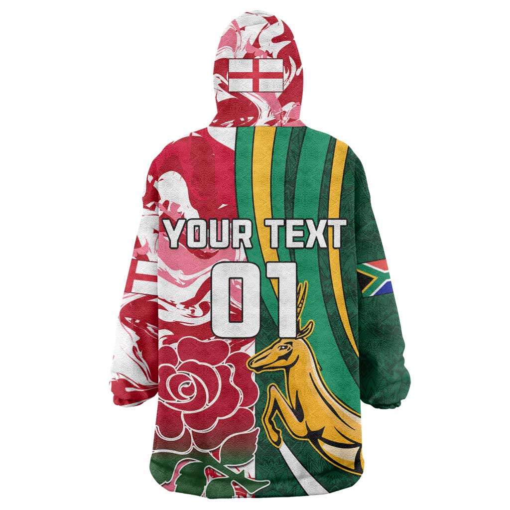 Custom South Africa and England Rugby Wearable Blanket Hoodie - The Red Rose with Protea Pattern