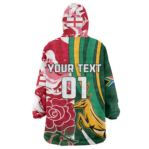 Custom South Africa and England Rugby Wearable Blanket Hoodie - The Red Rose with Protea Pattern