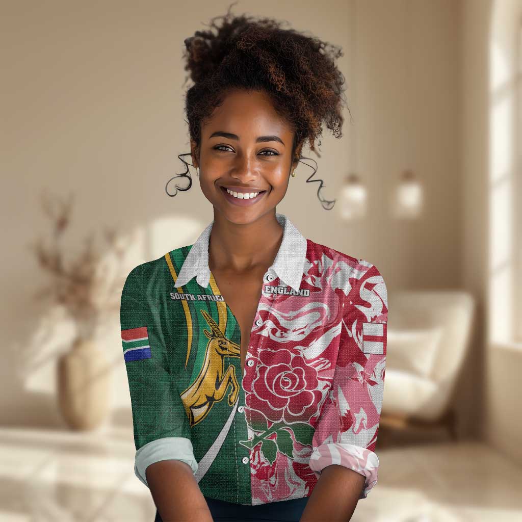 Custom South Africa and England Rugby Women Casual Shirt - The Red Rose with Protea Pattern LT01