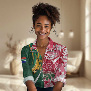 Custom South Africa and England Rugby Women Casual Shirt - The Red Rose with Protea Pattern