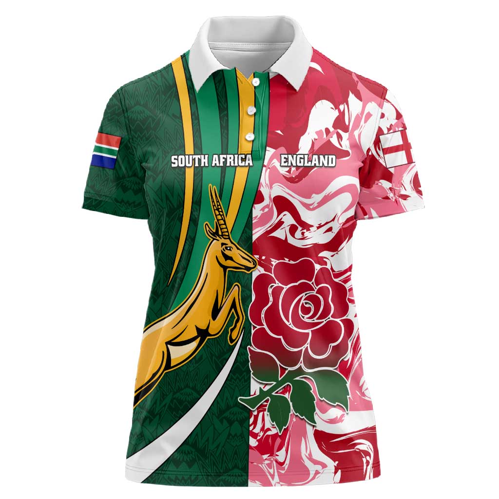 Custom South Africa and England Rugby Women Polo Shirt - The Red Rose with Protea Pattern