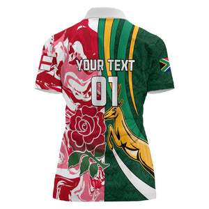 Custom South Africa and England Rugby Women Polo Shirt - The Red Rose with Protea Pattern