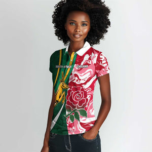 Custom South Africa and England Rugby Women Polo Shirt - The Red Rose with Protea Pattern