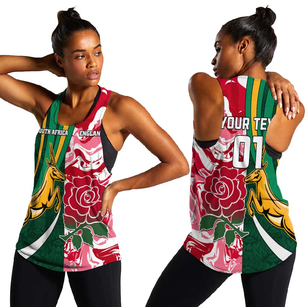 Custom South Africa and England Rugby Women Racerback Tank - The Red Rose with Protea Pattern