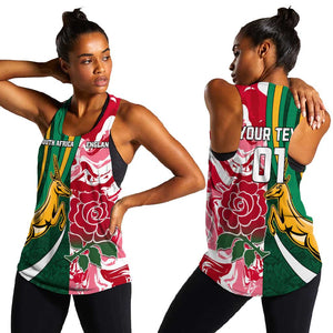 Custom South Africa and England Rugby Women Racerback Tank - The Red Rose with Protea Pattern