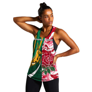 Custom South Africa and England Rugby Women Racerback Tank - The Red Rose with Protea Pattern