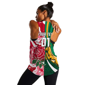 Custom South Africa and England Rugby Women Racerback Tank - The Red Rose with Protea Pattern