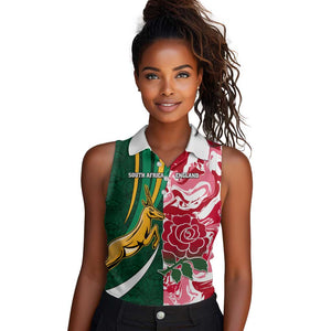 Custom South Africa and England Rugby Women Sleeveless Polo Shirt - The Red Rose with Protea Pattern