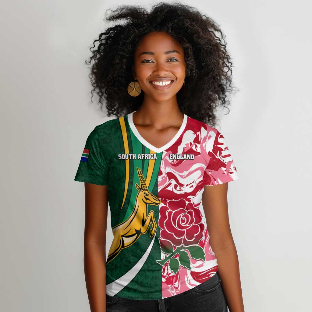 Custom South Africa and England Rugby Women V-Neck T-Shirt - The Red Rose with Protea Pattern