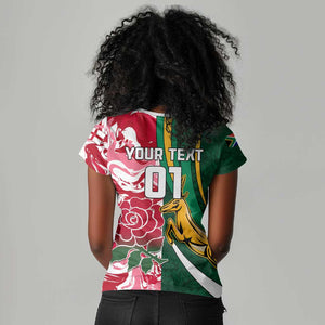 Custom South Africa and England Rugby Women V-Neck T-Shirt - The Red Rose with Protea Pattern