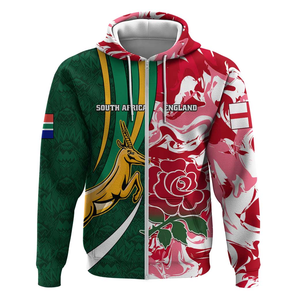 Custom South Africa and England Rugby Zip Hoodie - The Red Rose with Protea Pattern