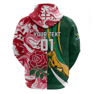 Custom South Africa and England Rugby Zip Hoodie - The Red Rose with Protea Pattern