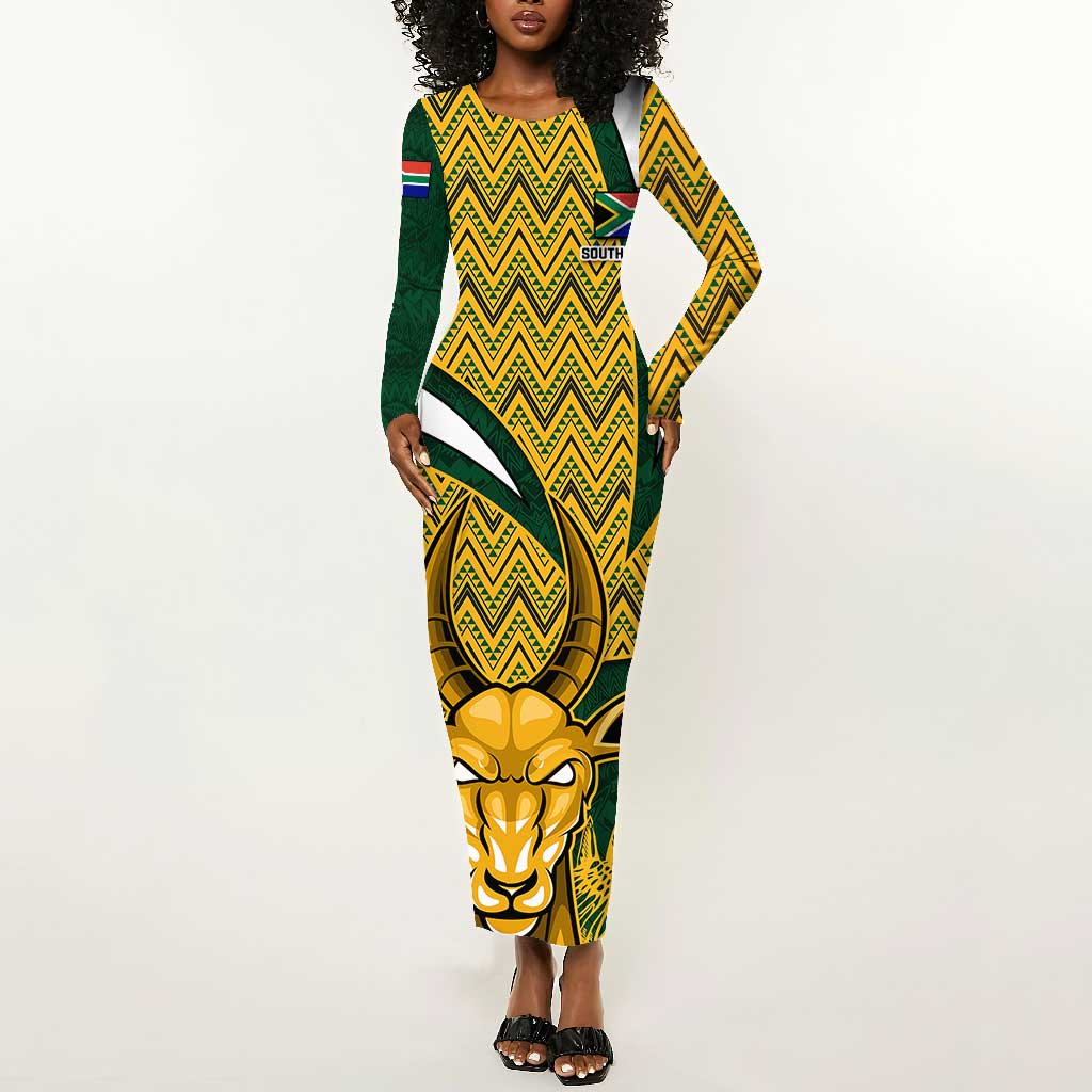 Custom South Africa Rugby Long Sleeve Bodycon Dress - Come On Bokke, Champion World Cup