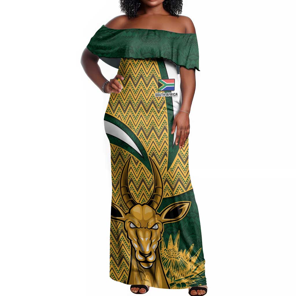 Custom South Africa Rugby Off Shoulder Maxi Dress - Come On Bokke, Champion World Cup