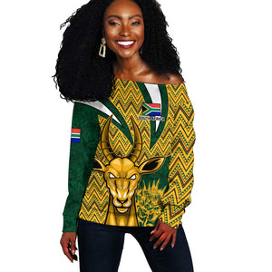 Custom South Africa Rugby Off Shoulder Sweater - Come On Bokke, Champion World Cup