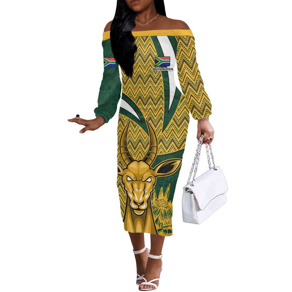 Custom South Africa Rugby Off The Shoulder Long Sleeve Dress - Come On Bokke, Champion World Cup