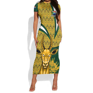 Custom South Africa Rugby Short Sleeve Bodycon Dress - Come On Bokke, Champion World Cup LT01