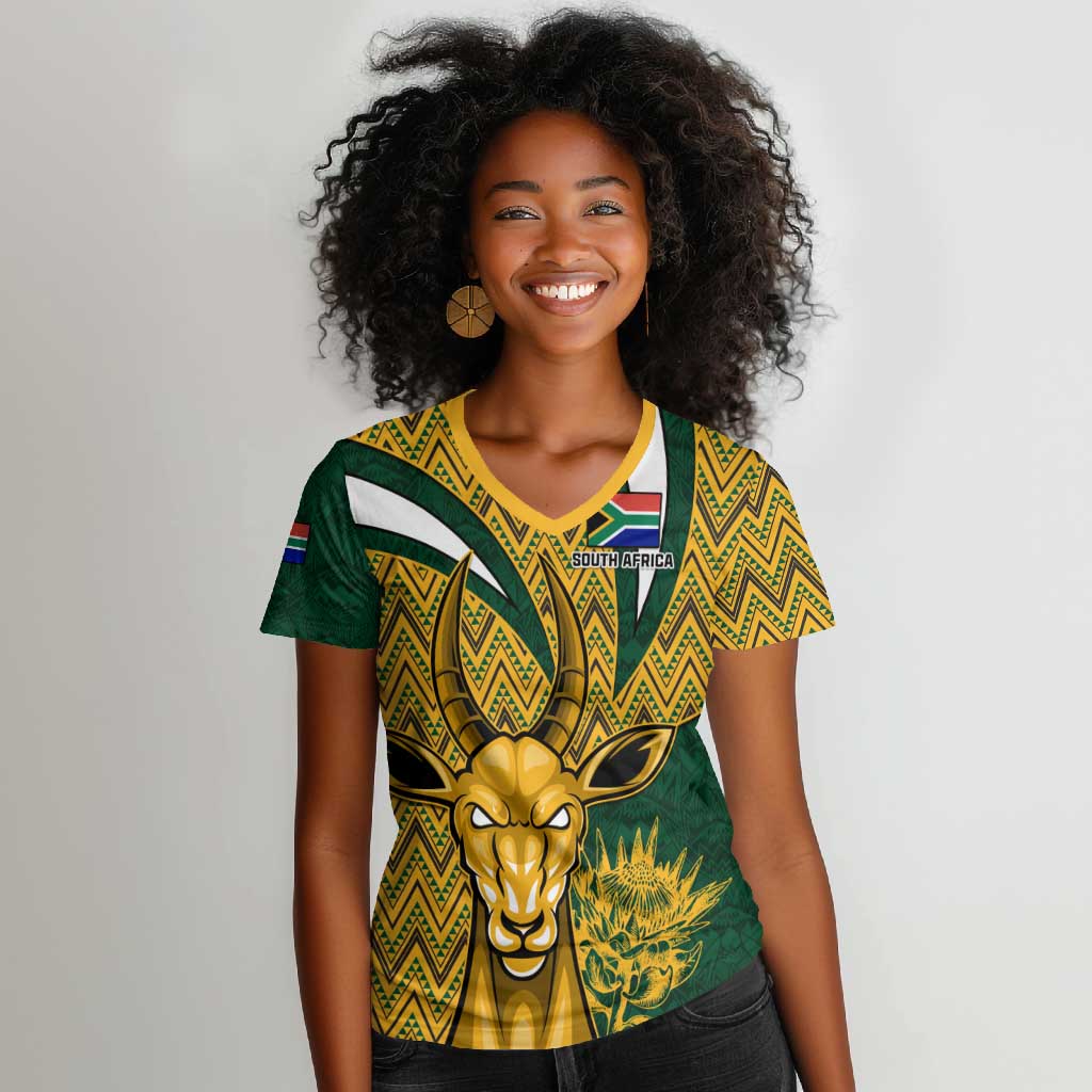 Custom South Africa Rugby Women V-Neck T-Shirt - Come On Bokke, Champion World Cup