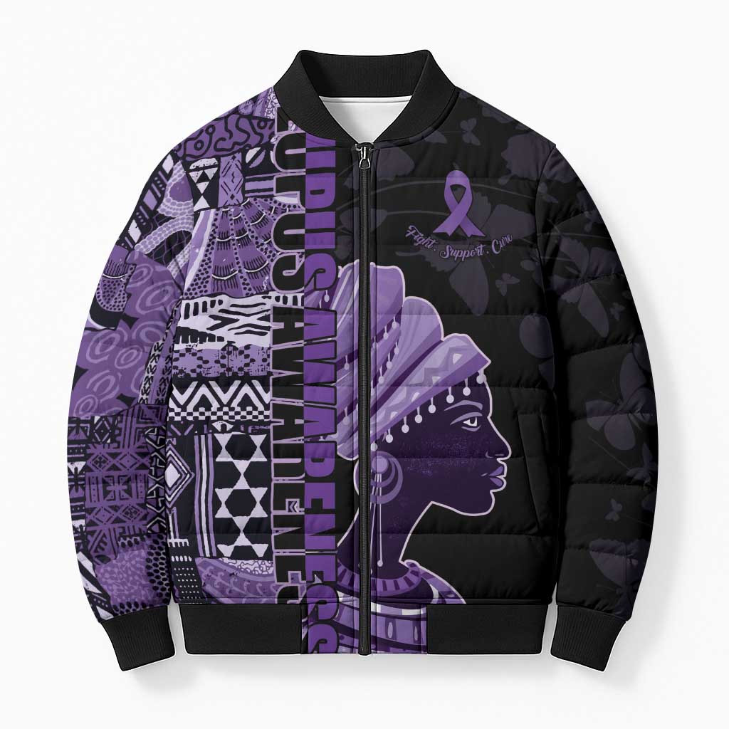Personalized African Lady Lupus Awareness Bomber Puffer Jacket Fight Support Cure